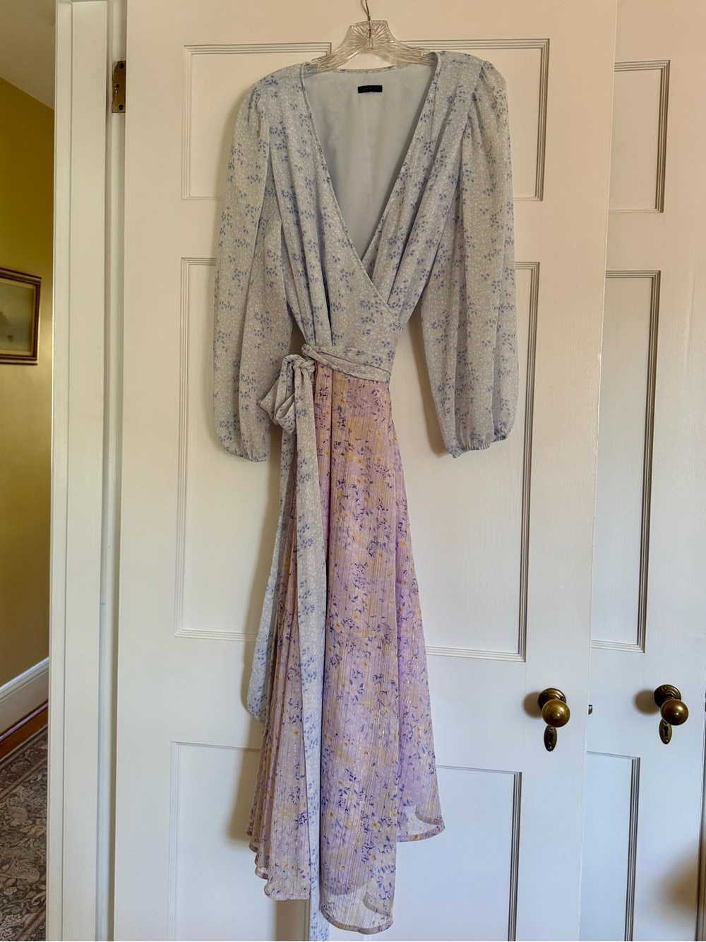 Ann Taylor - Floral Metallic Wrap Midi Dress w/ Balloon Sleeve